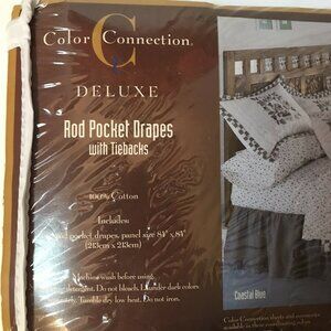 Color Connection Coastal Blue Floral Rod Pocket Drapes Tiebacks 84" x 84" Cotton